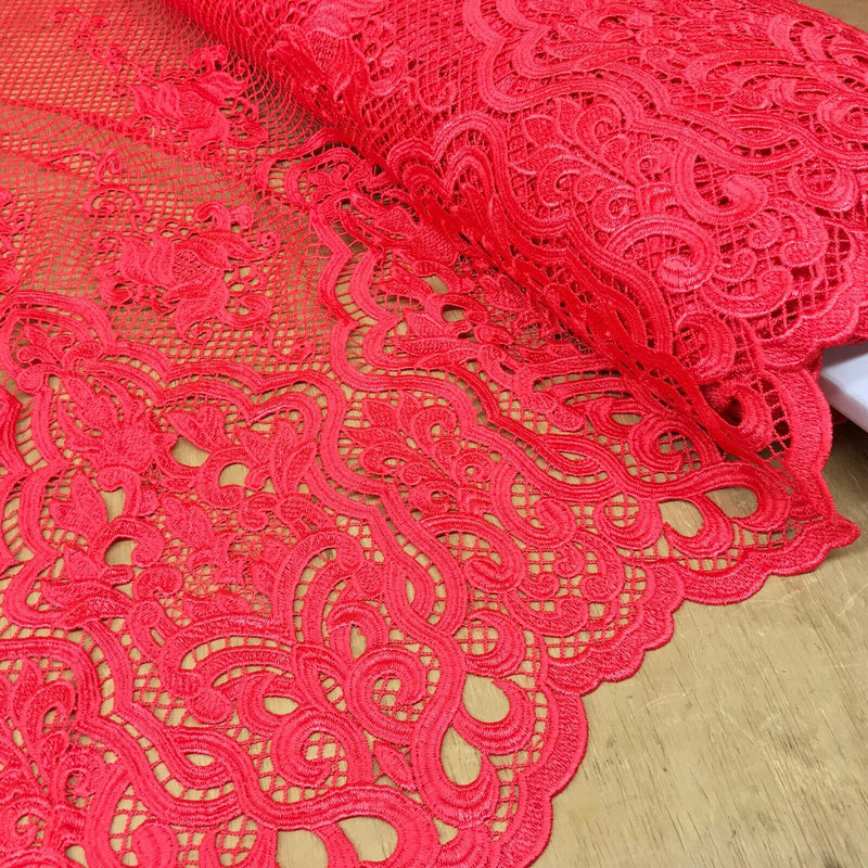 Cerise Red African Embroidery Lace Scalloped Mesh Net Dress Trim Wedding Fabric