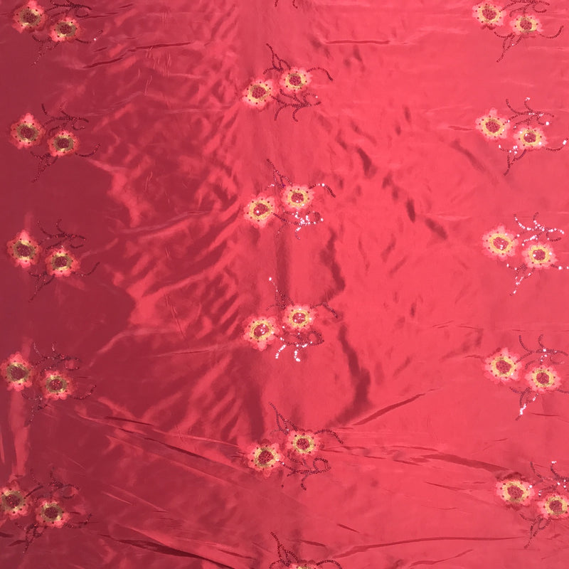 Floral Flower Sequin Taffeta Fabric, Red