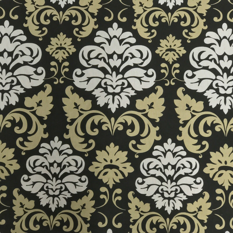 GlobalTex ORLY Beige & White Damask On Black Cotton Fabric Curtain Upholstery