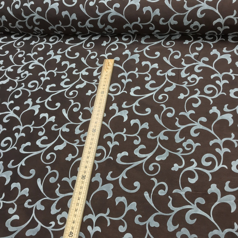 Duck Egg Floral Velvet Flock Taffeta Fabric, Brown