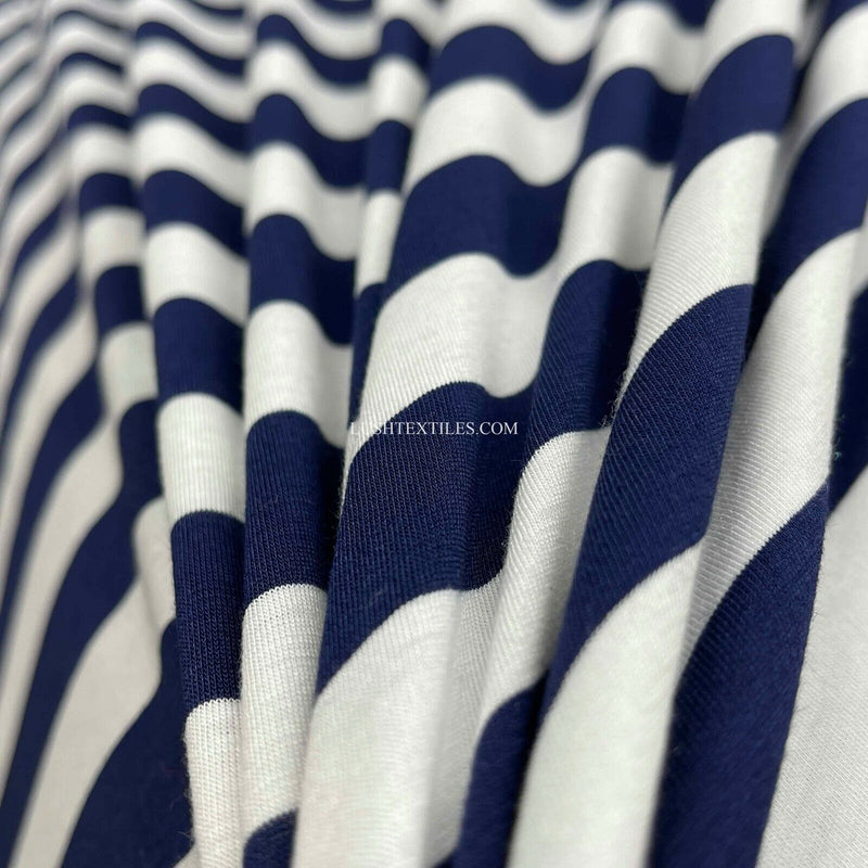 1" Navy & White Sailors Stripe Cotton Jersey Stretch Dress Fabric French Navy