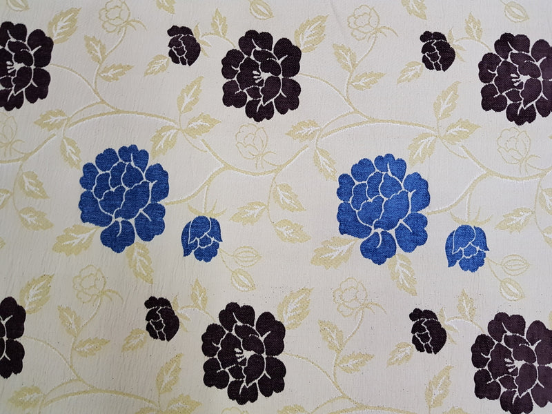 Tissu de rideau d'ameublement fleuri bleu et marron - Crème