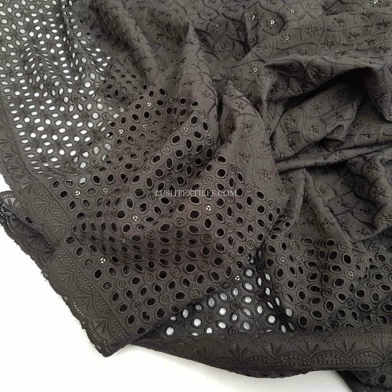 Tissu de dentelle de broderie anglaise française en coton à sequins noirs