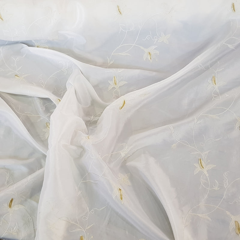 Embroidery Tuft Floral Taffeta Fabric, White