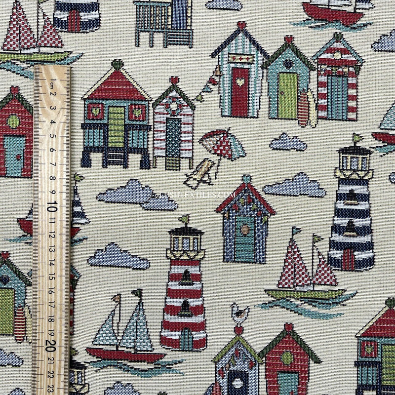 Beach Huts Print Tapestry Upholstery Fabric