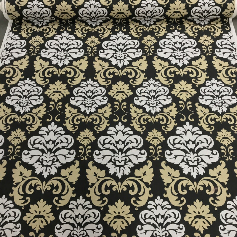 GlobalTex ORLY Beige & White Damask On Black Cotton Fabric Curtain Upholstery