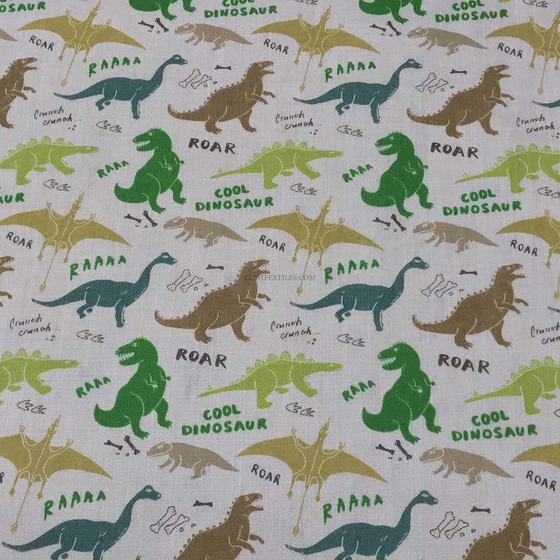 Tissu en polycoton amusant dinosaures ROAR, blanc