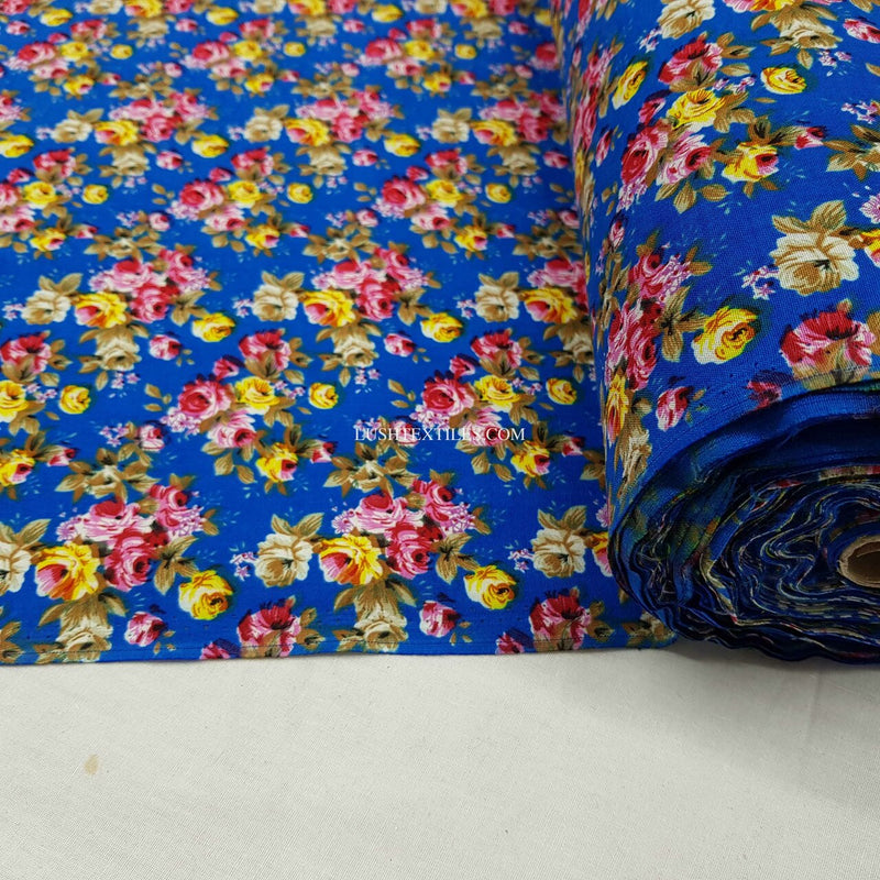 100% Viscose Floral Roses Dress Fabric, Blue