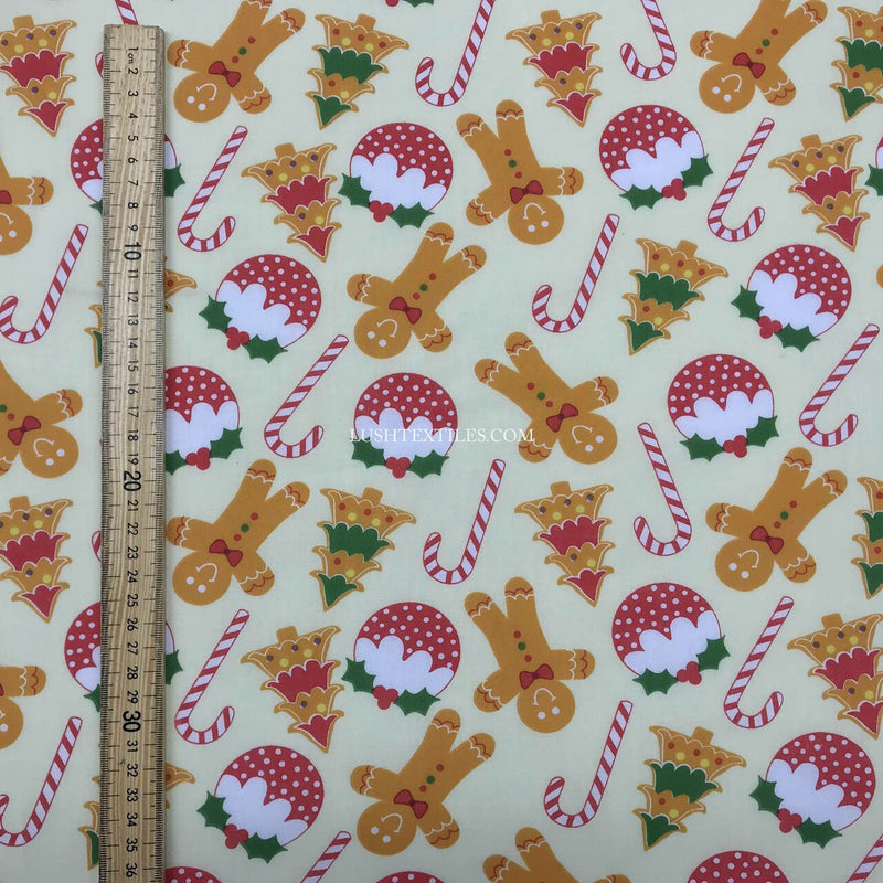 Christmas Pudding & Gingerbread Men Polycotton Fabric, Cream