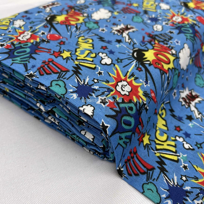 Comic Kids Pow Smash Cotton Fabric, Turquoise