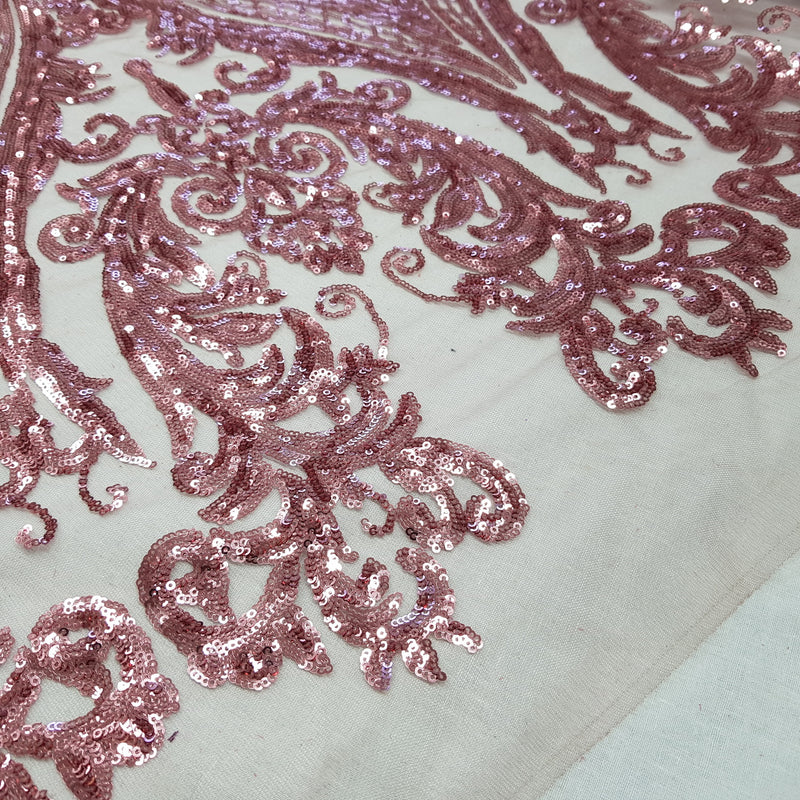 Broderie Paillettes Fantaisie Dentelle Net Robe Tissu, Vieux Rose