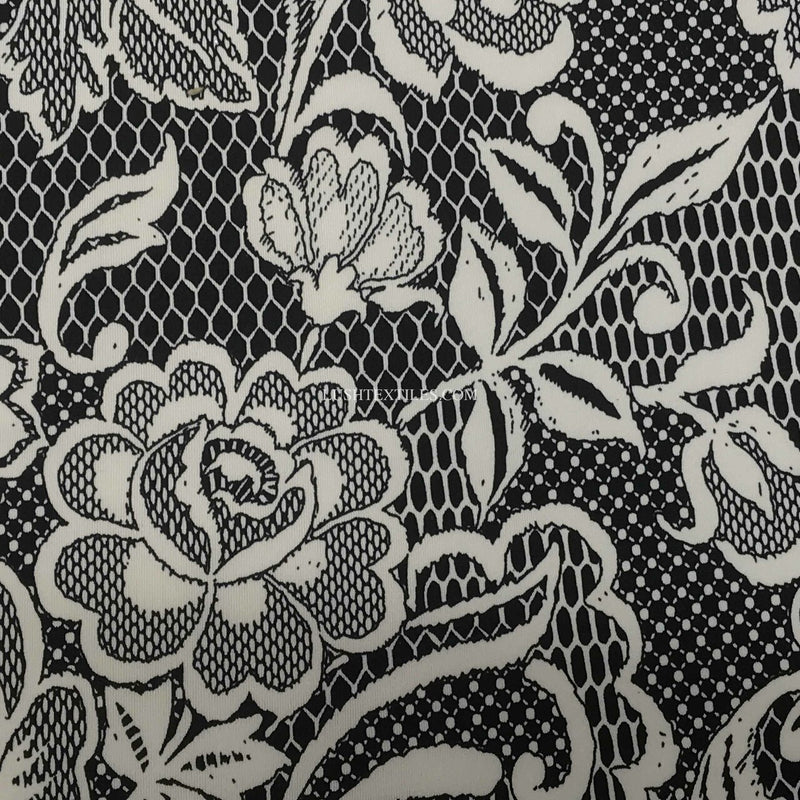 Tissu pour robe en lycra à fleurs florales, noir/blanc