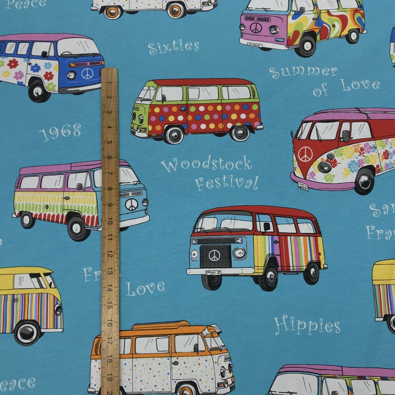 Camper Vans Hippie Print Fabric, Turquoise