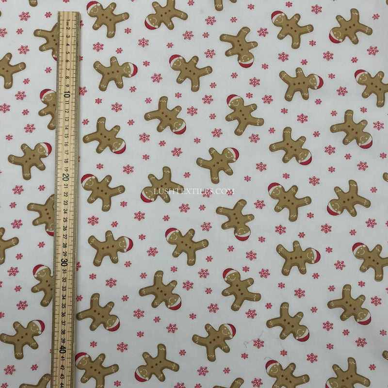 Gingerbread Man & Snowflakes Christmas Polycotton Fabric, White