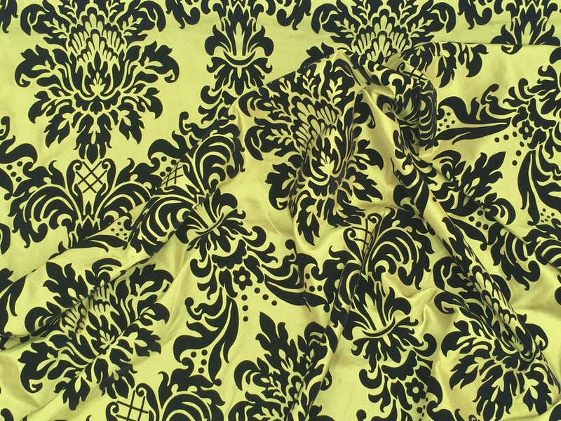 Black Damask Velvet Flock Taffeta Fabric, Lime Green