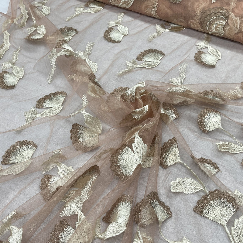 Embroidery Floral Elegance Net Lace Fabric, Peach