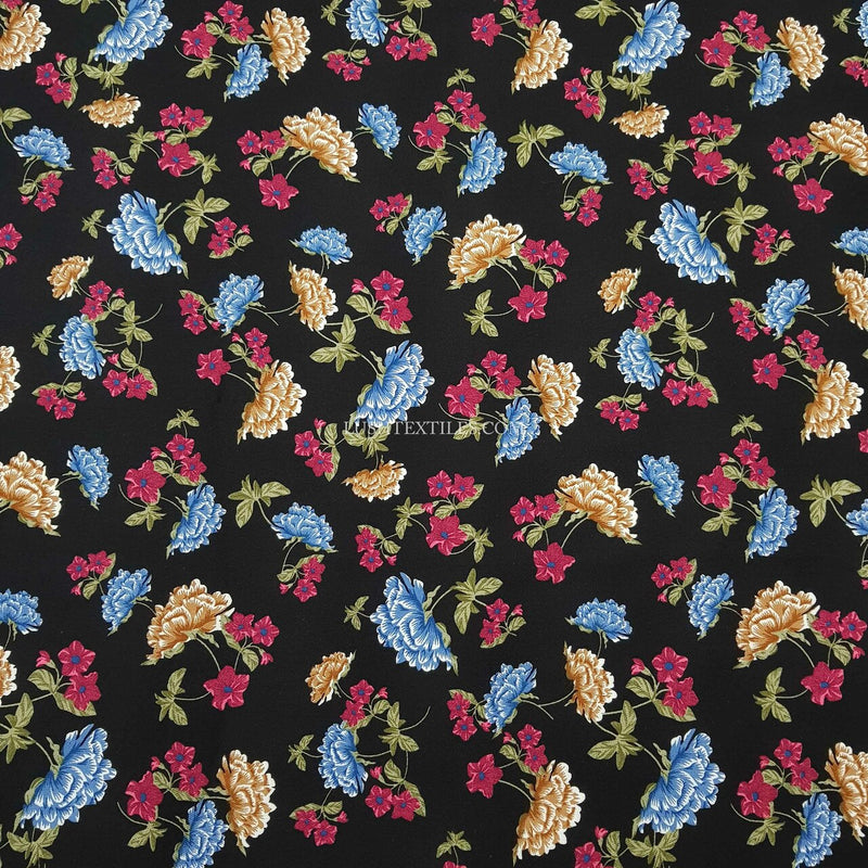 100% Viscose Amy Floral Flowers Dress Fabric, Black