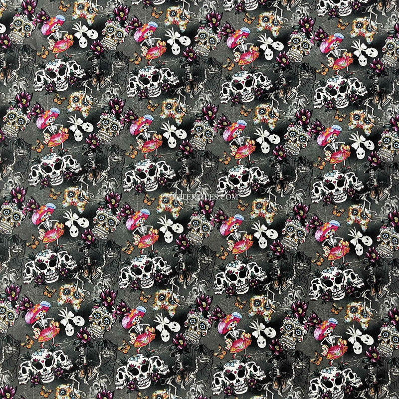 Tissu artisanal en coton numérique Day Of The Dead, anthracite