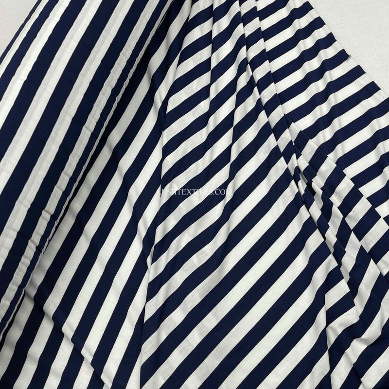 1" Navy & White Sailors Stripe Cotton Jersey Stretch Dress Fabric French Navy