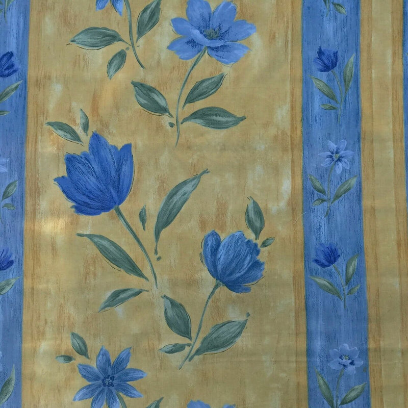 Tissu de courtepointe pour tapisserie d'ameublement en coton vintage jaune à rayures bleues et fleurs de tulipes