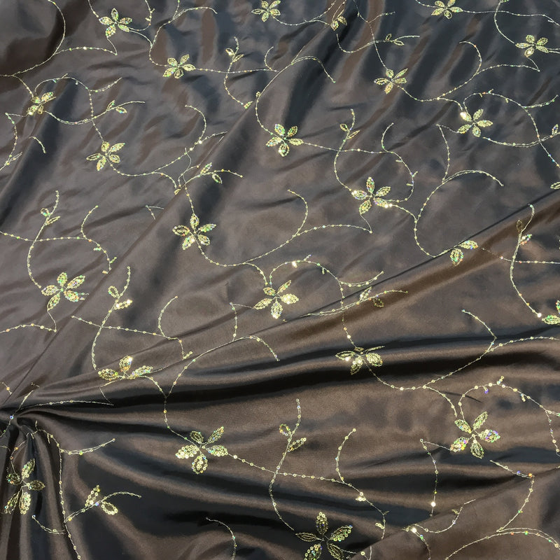 Gold Floral Sequin Taffeta Fabric, Brown