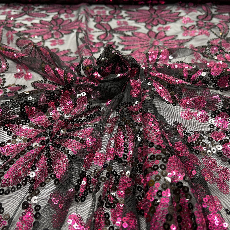 Tissu dentelle filet à sequins floraux, noir