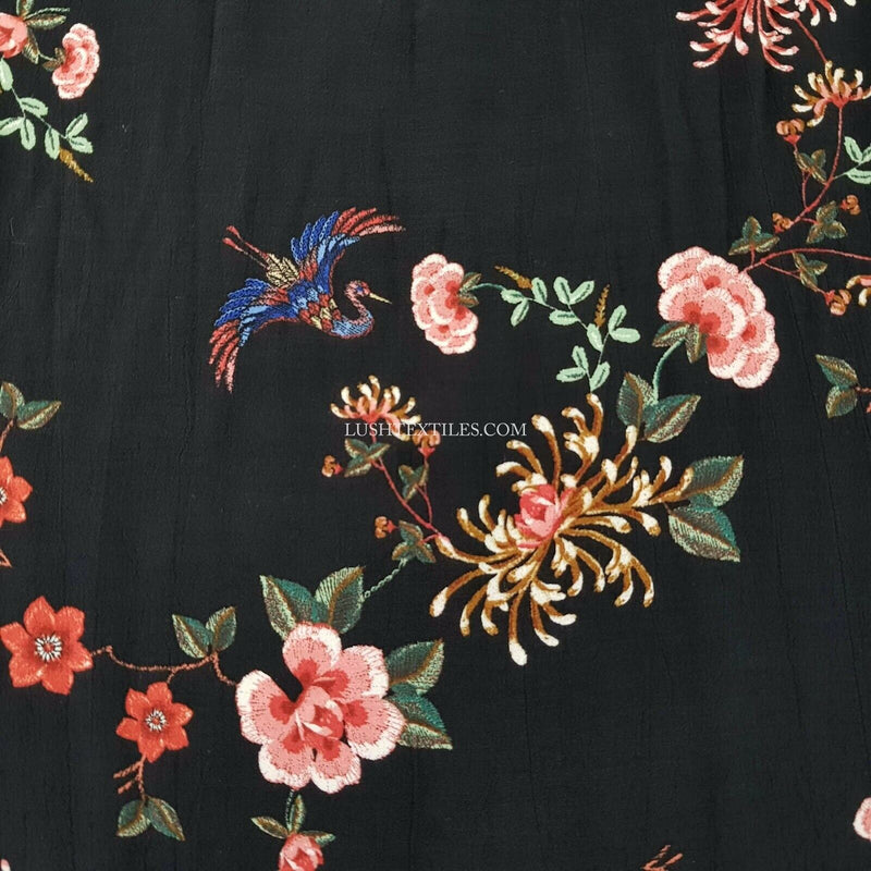 Birds MAROCAINE VISCOSE Summer Ballgown Dress Cape Fabric Crepe Floral, Black