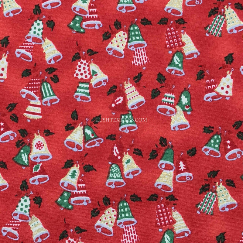 Christmas Bells Xmas Print Cotton Fabric, Red