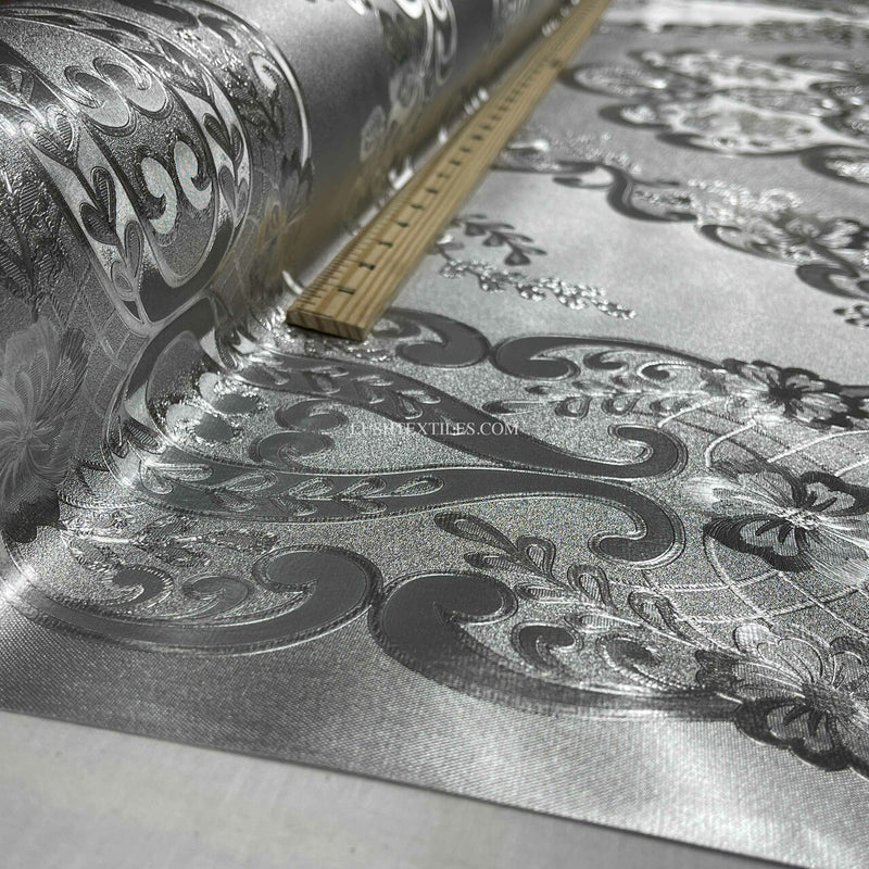 Damask PVC Oilcloth Fabric Embossed Metallic, Silver