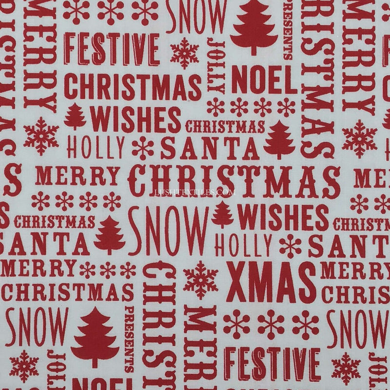 Festive Christmas Wishes Polycotton Fabric, White