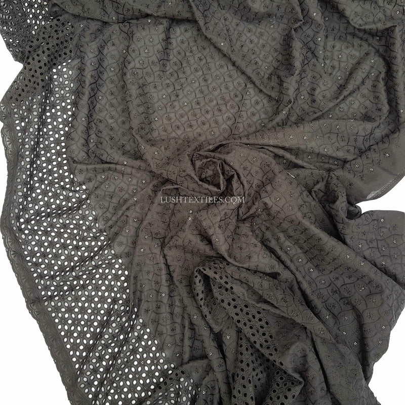 Black Sequin Cotton French Broderie Anglaise Lace Fabric