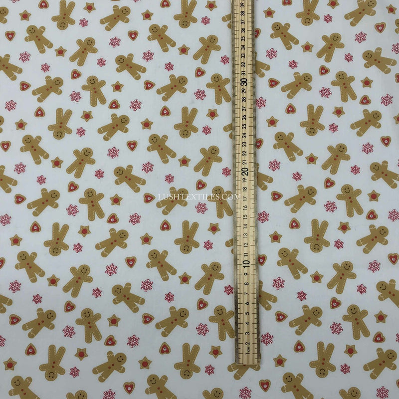 Gingerbread Men & Hearts Christmas Polycotton Fabric, White