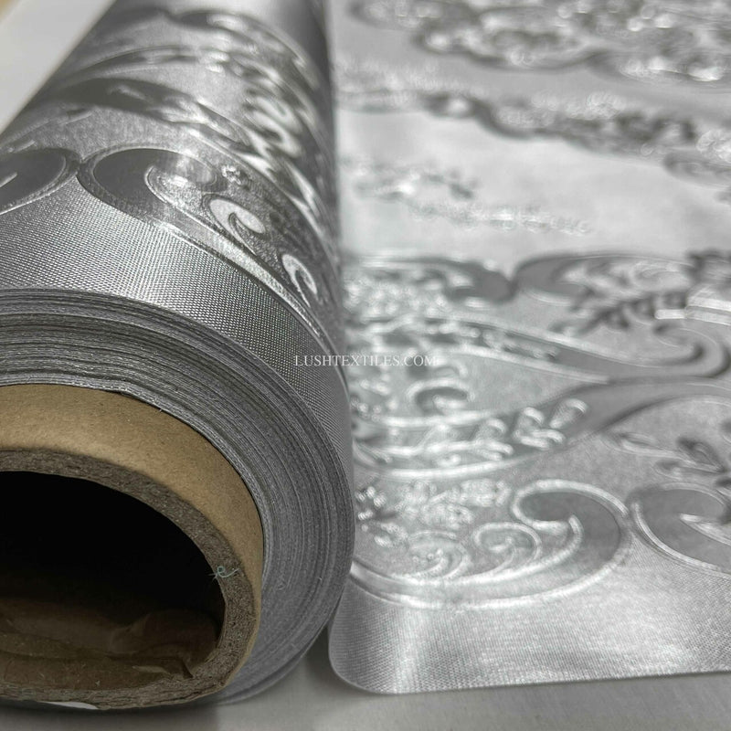 Damask PVC Oilcloth Fabric Embossed Metallic, Silver