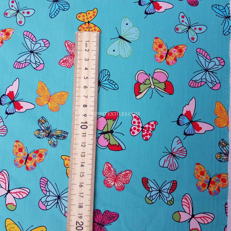 Colourful Butterflies Rose & Hubble Cotton Poplin Fabric, Mint