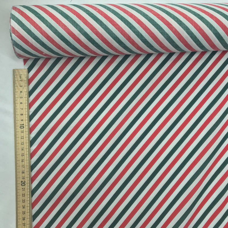 Tissu polycoton rayures bonbons de Noël, rouge/vert/blanc