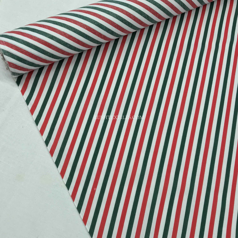 Tissu polycoton rayures bonbons de Noël, rouge/vert/blanc