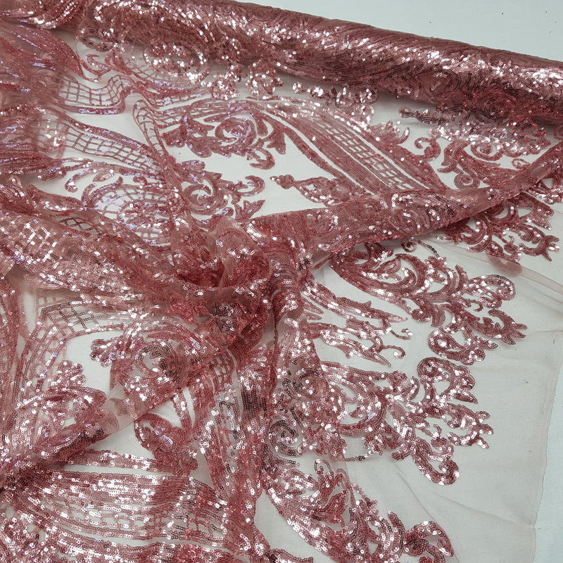 Broderie Paillettes Fantaisie Dentelle Net Robe Tissu, Vieux Rose