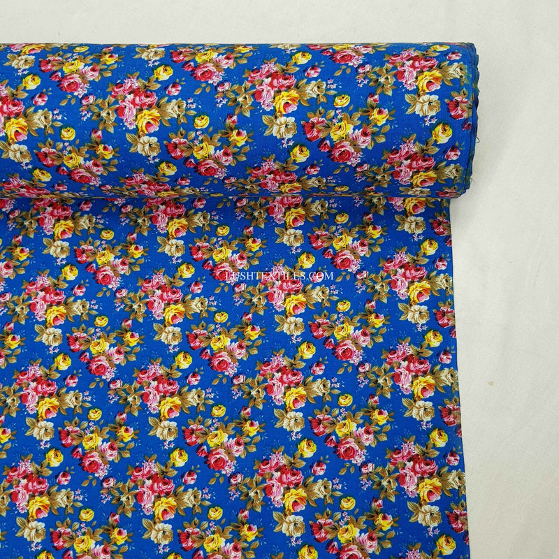 Tissu 100% Viscose Floral Roses pour Robe, Bleu