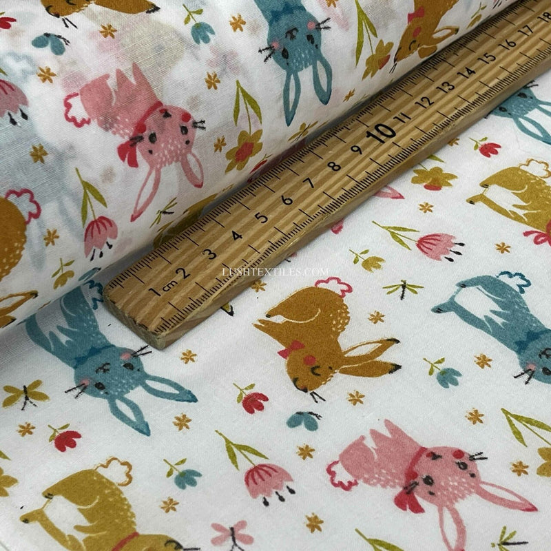 Colourful Bunny Rabbits Poly Cotton Craft Fabric, White