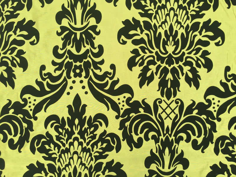 Black Damask Velvet Flock Taffeta Fabric, Lime Green