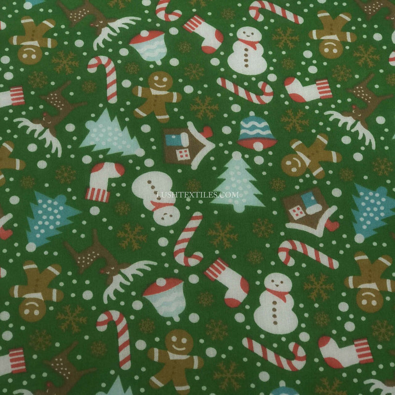 Christmas Party Polycotton Fabric, Green