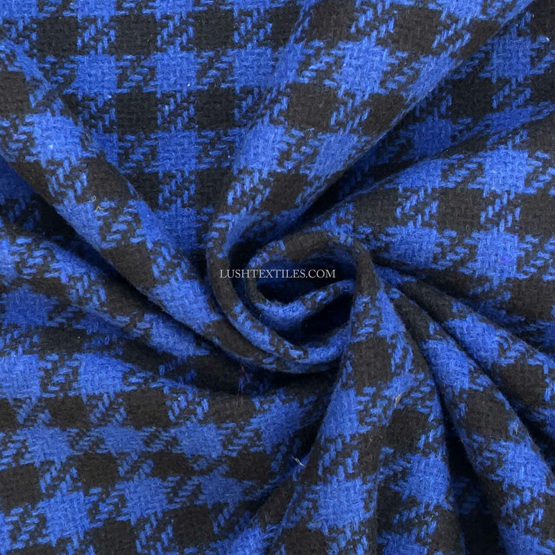 Black Houndstooth Check Tweed Wool Blend Fabric, Blue