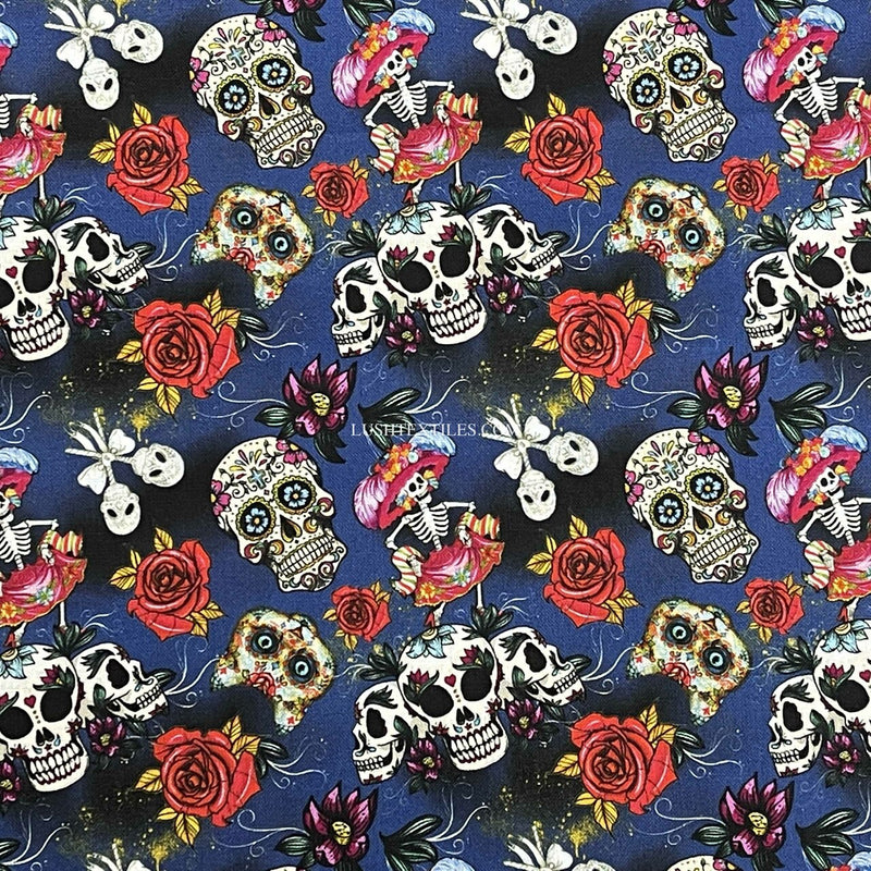 Tissu artisanal en coton numérique Day Of The Dead, bleu