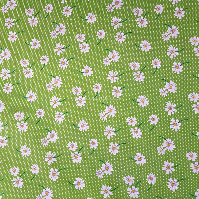 Tissu polycoton marguerites et pois, vert