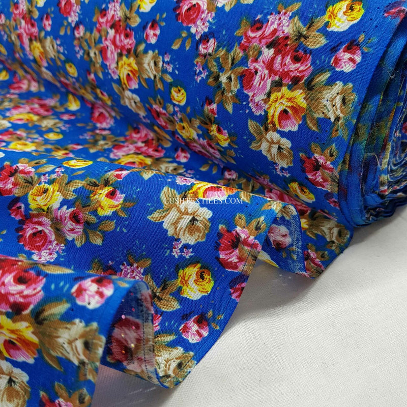 100% Viscose Floral Roses Dress Fabric, Blue