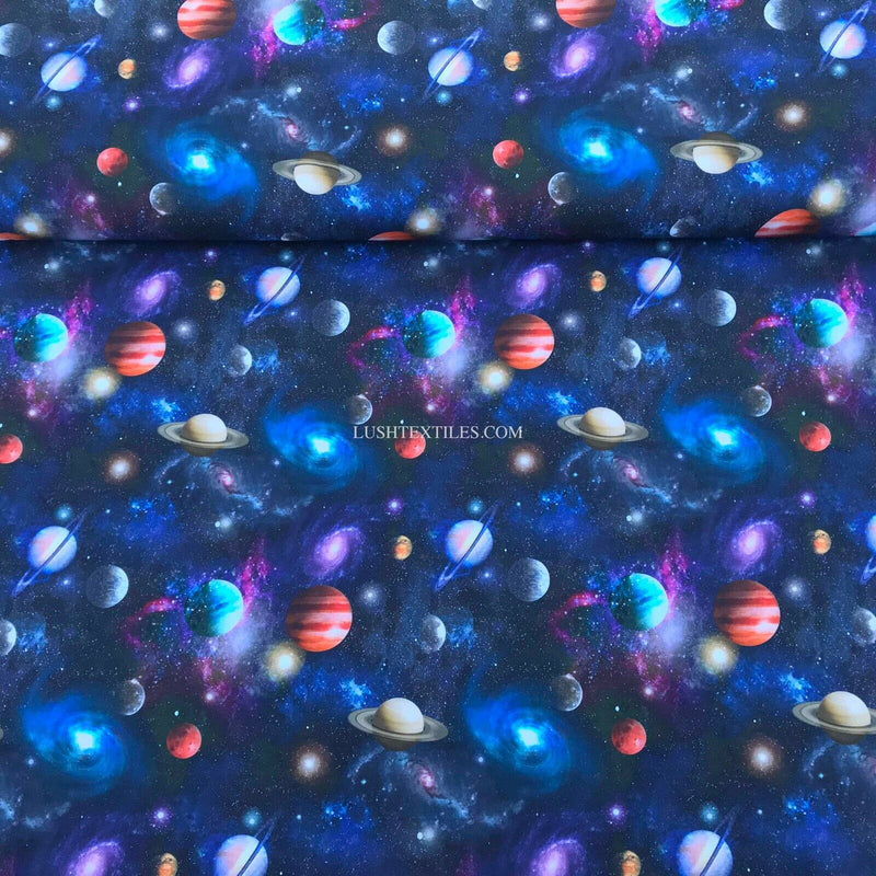 100% Cotton Fabric SPACE GALAXY UNIVERSE PLANET STARS Childrens Kids Material