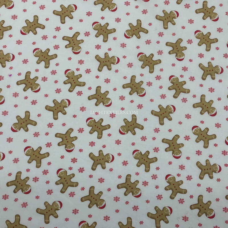 Gingerbread Man & Snowflakes Christmas Polycotton Fabric, White