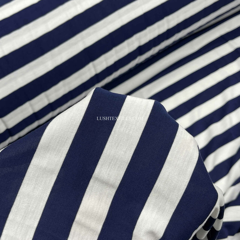 1" Stripe French Navy Striped Lycra Jersey Fabric, Navy/White