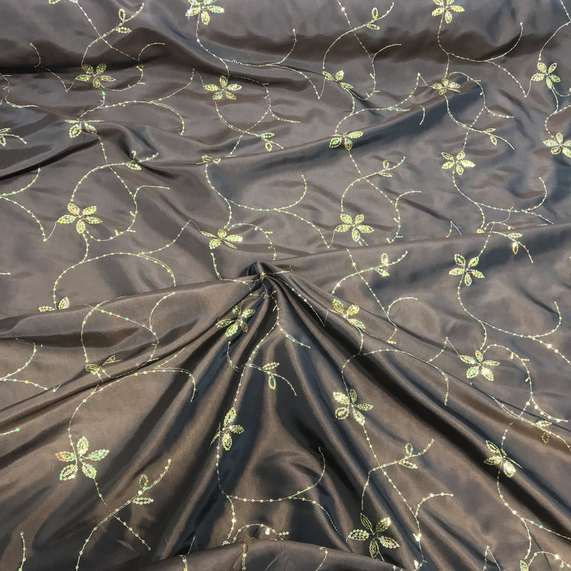 Gold Floral Sequin Taffeta Fabric, Brown