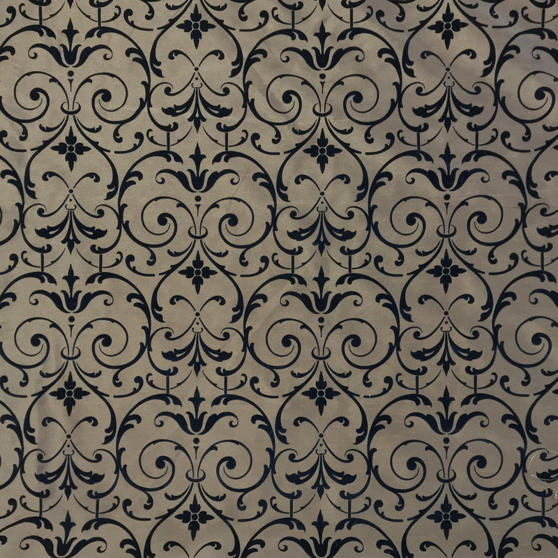 Black Damask Velvet Flock Taffeta Fabric, Brown